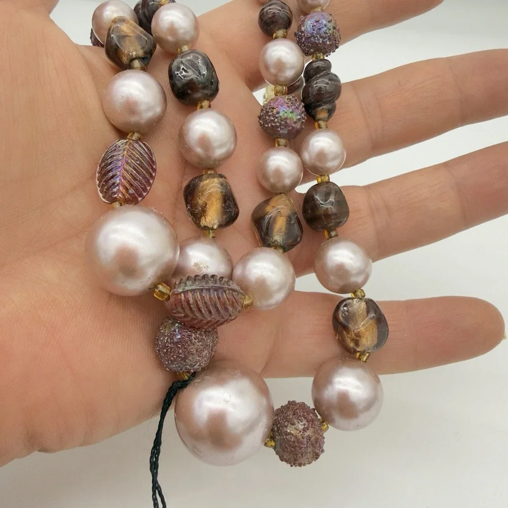 Vtg 50s Coro Iridescent Molded Glass Necklace Double Strand Orig. Tag Japan NOS